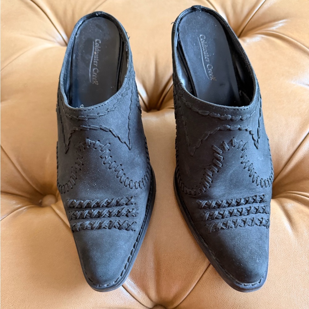 Coldwater Creek Black Suede Mules with Stitch Detailing